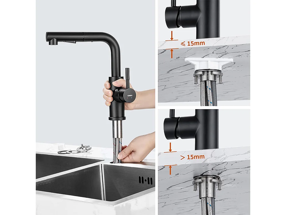 Évier Cuisine 1 Bac 55*45CM Noir+Mitigeur Cuisine Noir Douchette Douchette Extractible à 2 Jets Pivotant à 360° Acier Inox Barboteur Démotable