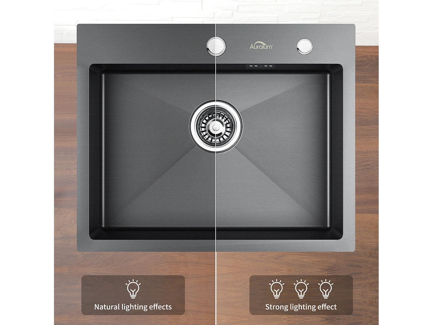 Évier Cuisine 1 Bac 55*45CM Noir+Mitigeur Cuisine Noir Douchette Douchette Extractible à 2 Jets Pivotant à 360° Acier Inox Barboteur Démotable