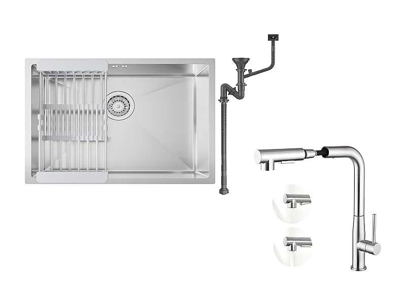 Fregadero Cocina 1 Bandeja 60*44*20CM,inoxidable, empotrado/subplano con Cesta Drainage,Silver+Mezclador Cocina con Ducha Extraíble Rotativa 360°