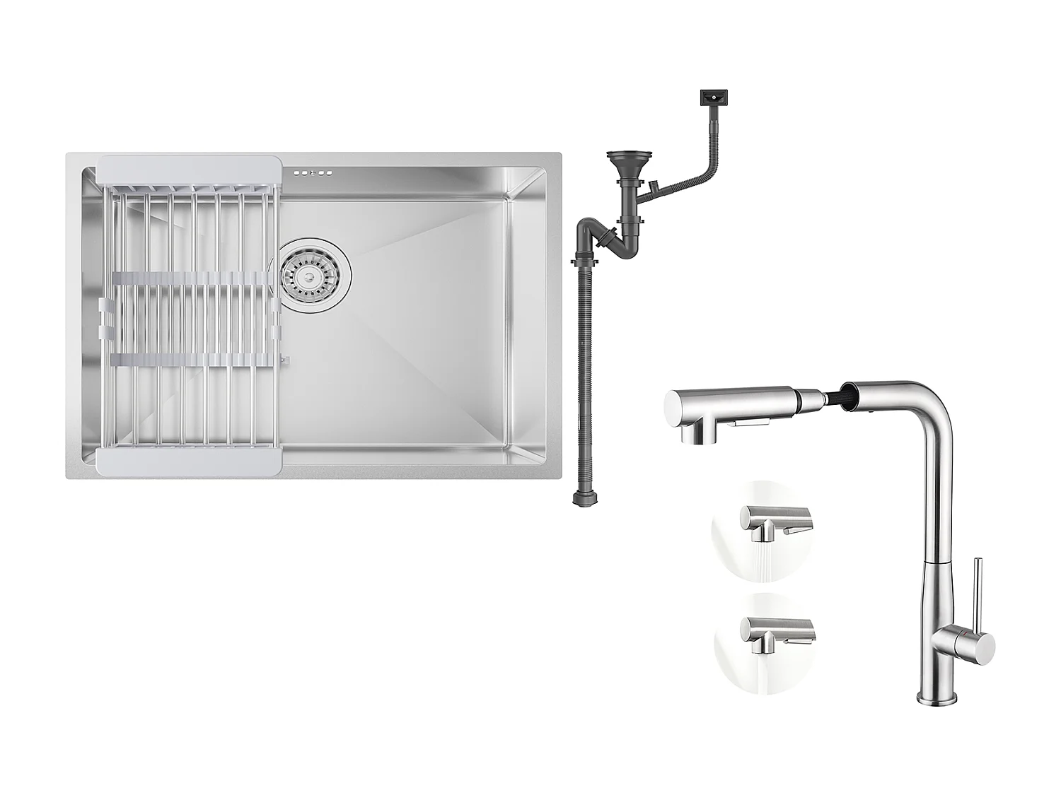 Fregadero Cocina 1 Bandeja 60*44*20CM,inoxidable, empotrado/subplano con Cesta Drainage,Silver+Mezclador Cocina con Ducha Extraíble Rotativa 360°