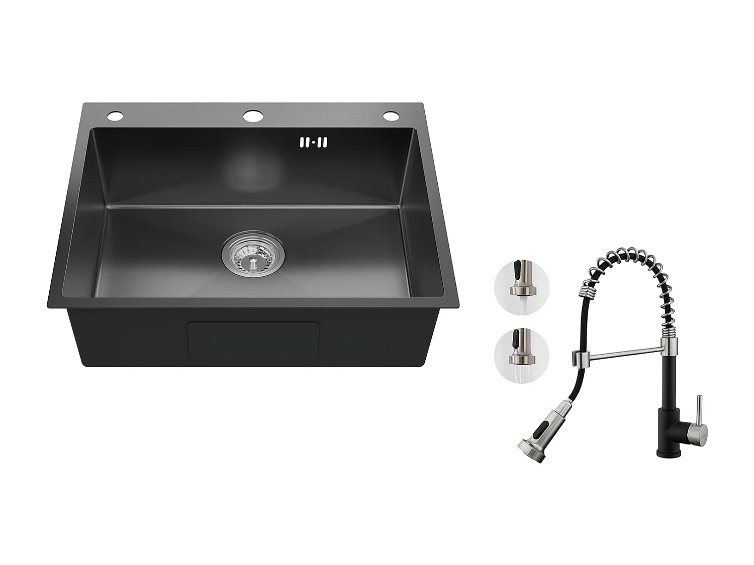 Auralum max Évier de Cuisine à Encastrer,1 Bac,60*49*20CM,Acier inoxydable 304,Noir+Robinet Cuisine Ressort avec Douchette Extensible,2 Modes,Noir