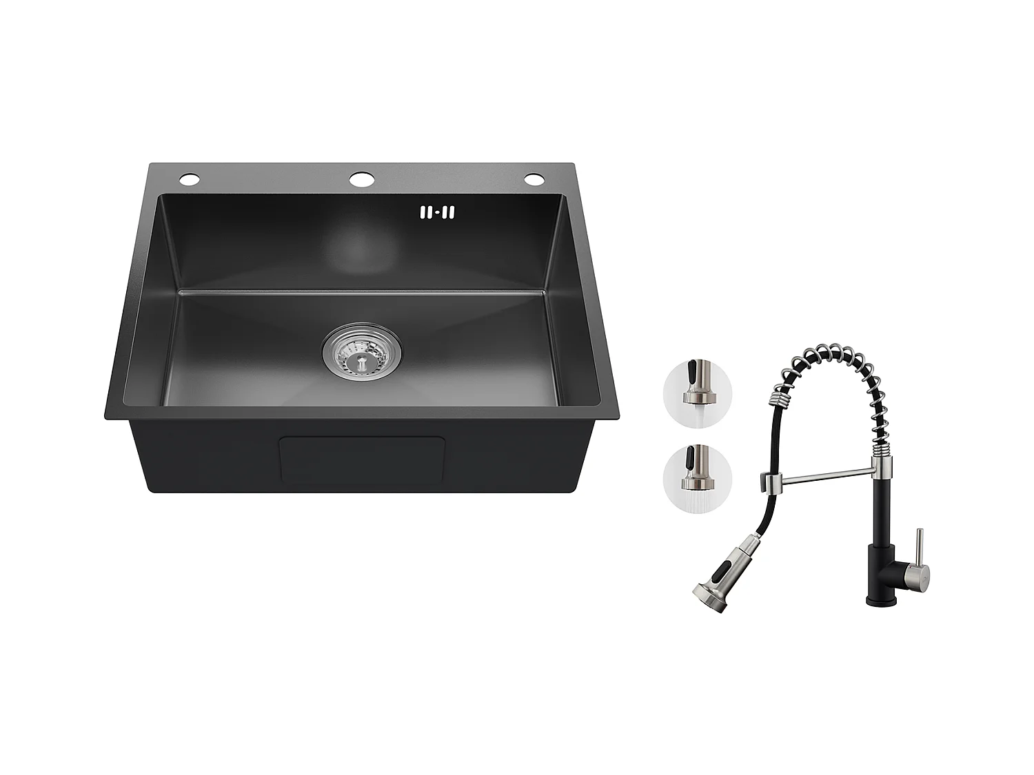 Auralum max Évier de Cuisine à Encastrer,1 Bac,60*49*20CM,Acier inoxydable 304,Noir+Robinet Cuisine Ressort avec Douchette Extensible,2 Modes,Noir