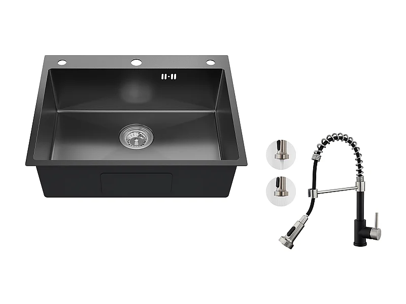 Auralum max Inbouw Aanrecht,1 Bak,60*49*20CM,304 RVS,Zwart+Verkeukenkraan met Uitschuifbare Douche,2 Modi,Zwart