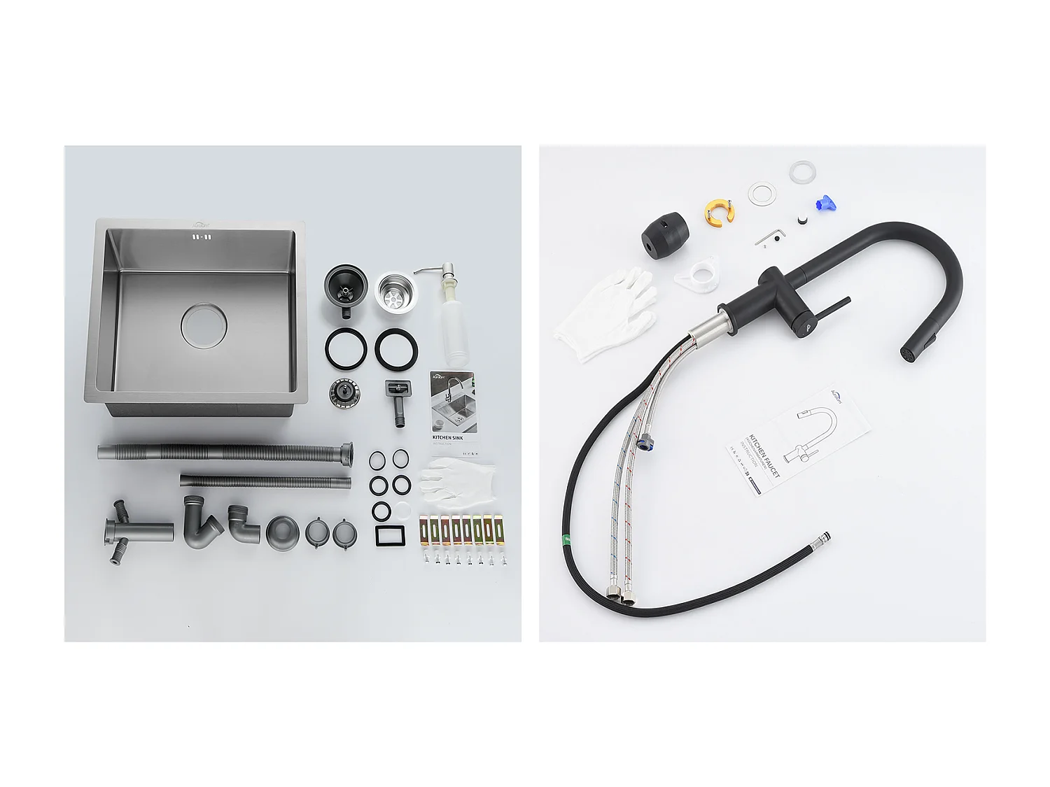 Évier de Cuisine Inox 1 Bac 50*43*18CM avec Distributeur de Savon +robinet de cuisine rétractable à deux fonctions, Noir