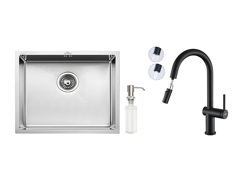 Évier de Cuisine Inox 1 Bac 50*43*18CM avec Distributeur de Savon +robinet de cuisine rétractable à deux fonctions, Noir