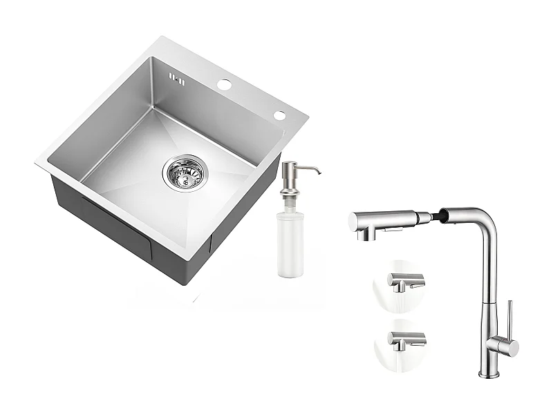 1-Bin Silber Küchenspüle, 44*49*20 CM, mit Seifenspender, Edelstahl + Küchenmischbatterie mit 360° drehbarer Ausziehbrause, gebürstet