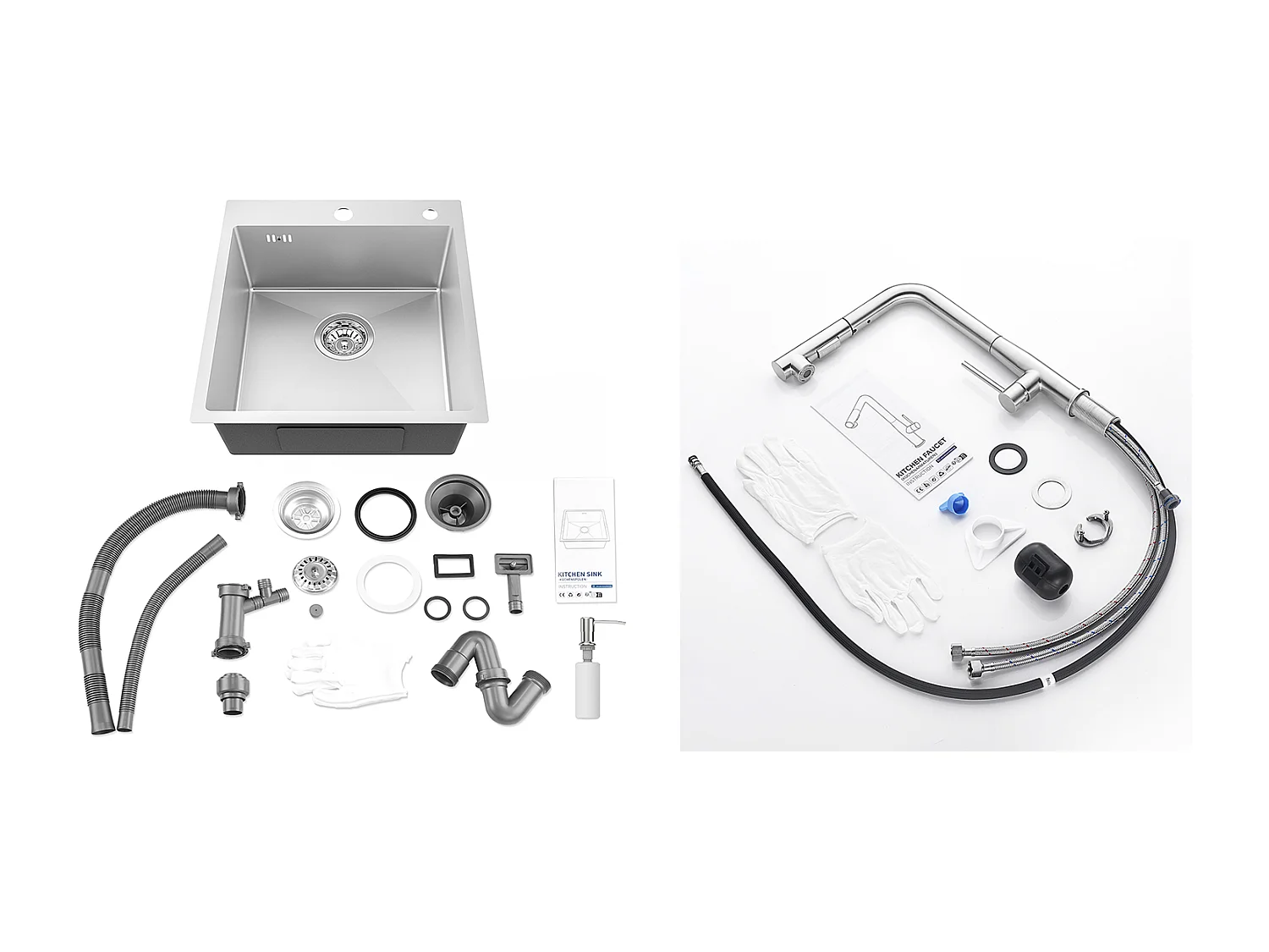 1-Bin Silber Küchenspüle, 44*49*20 CM, mit Seifenspender, Edelstahl + Küchenmischbatterie mit 360° drehbarer Ausziehbrause, gebürstet