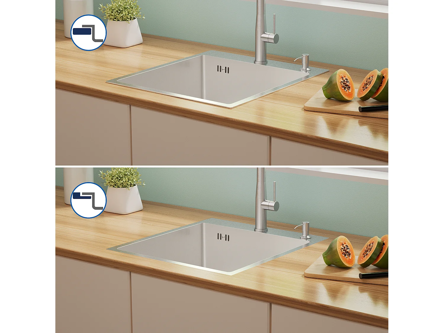 Évier Cuisine 1Bac Argent,44*49*20 CM,avec Distributeur Savon,Inox+Mitigeur Cuisine avec Douchette Extractible Rotatif 360°,Brossé