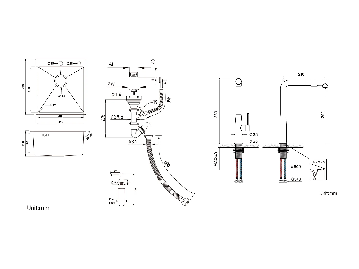 Évier Cuisine 1Bac Argent,44*49*20 CM,avec Distributeur Savon,Inox+Mitigeur Cuisine avec Douchette Extractible Rotatif 360°,Brossé