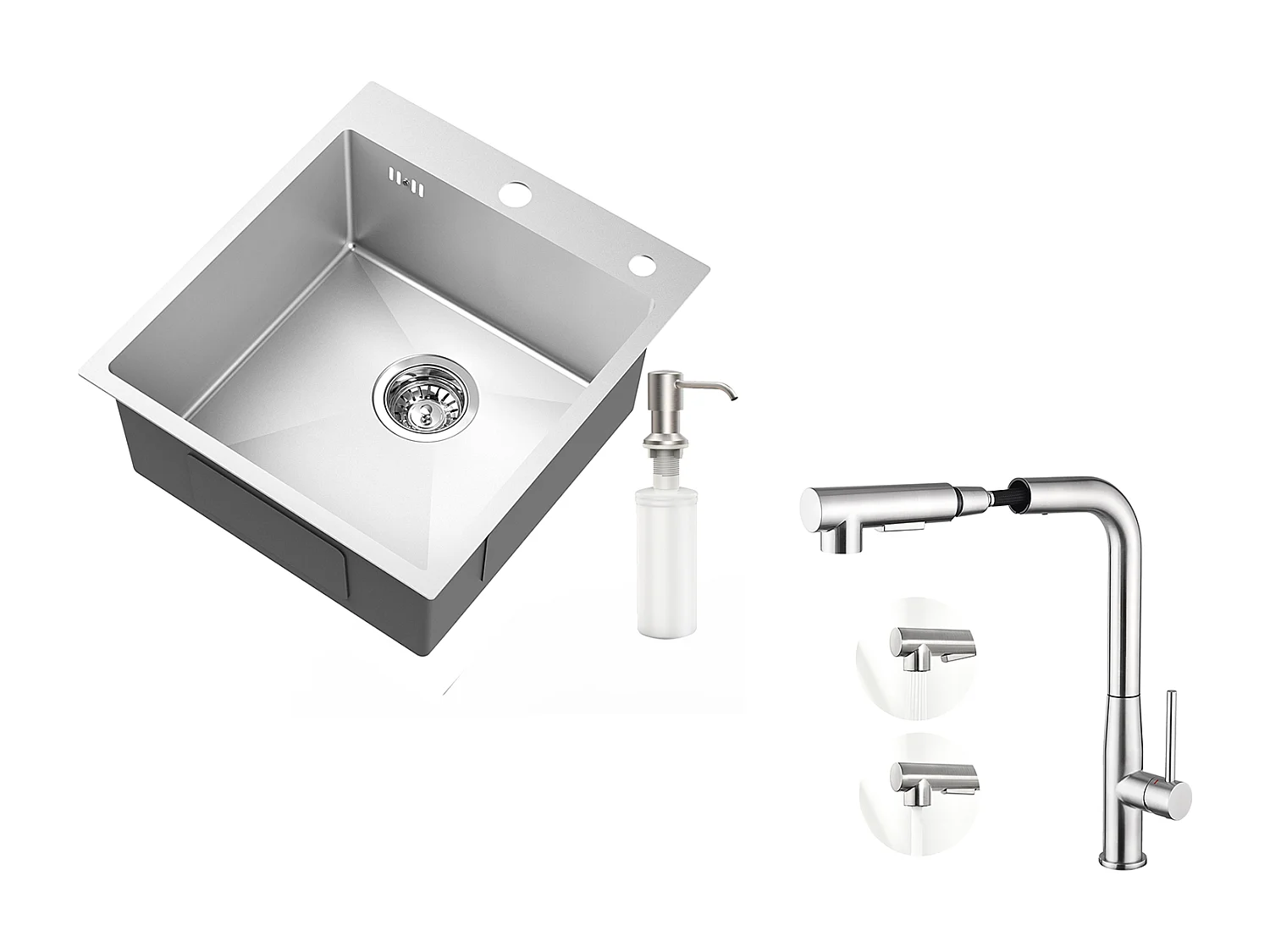 Aanrecht 1Bak Zilver,44*49*20 CM,met Zeepdispenser,Rox+Mengkraan met 360° Draaibare Uittrekbare Douche,Geborsteld