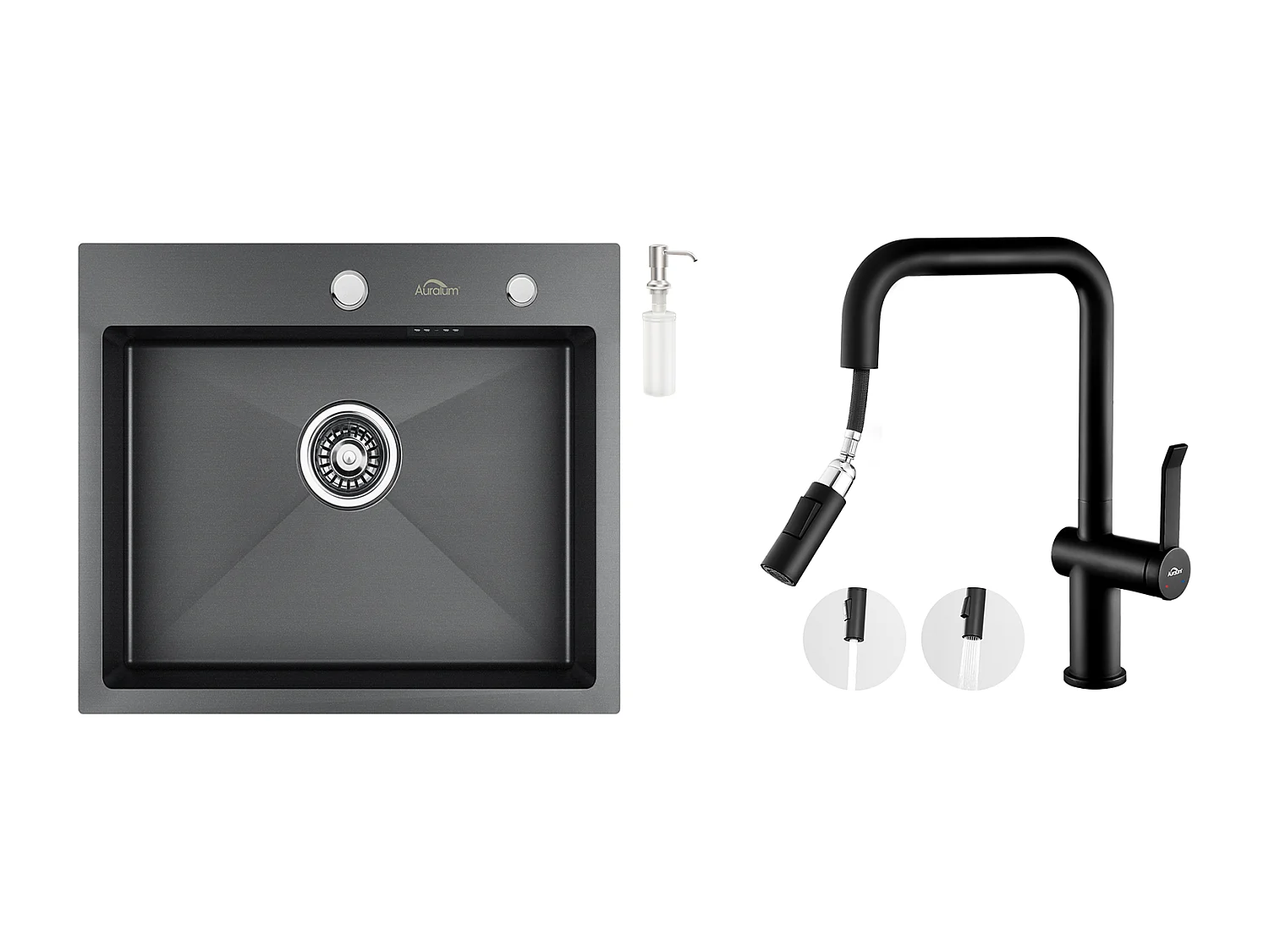   Évier Cuisine 1 Bac 55*45CM Noir +Robinet de Cuisine avec Douchette Extractible Rotatif 360 °2 Fonctions, Barboteur démontabl