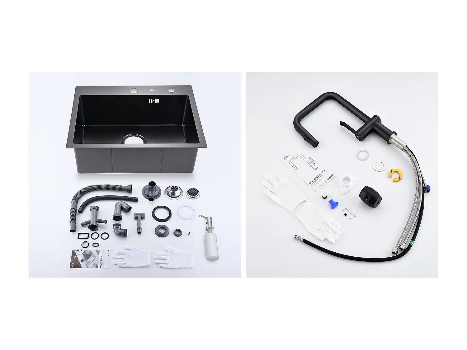   Évier Cuisine 1 Bac 55*45CM Noir +Robinet de Cuisine avec Douchette Extractible Rotatif 360 °2 Fonctions, Barboteur démontabl