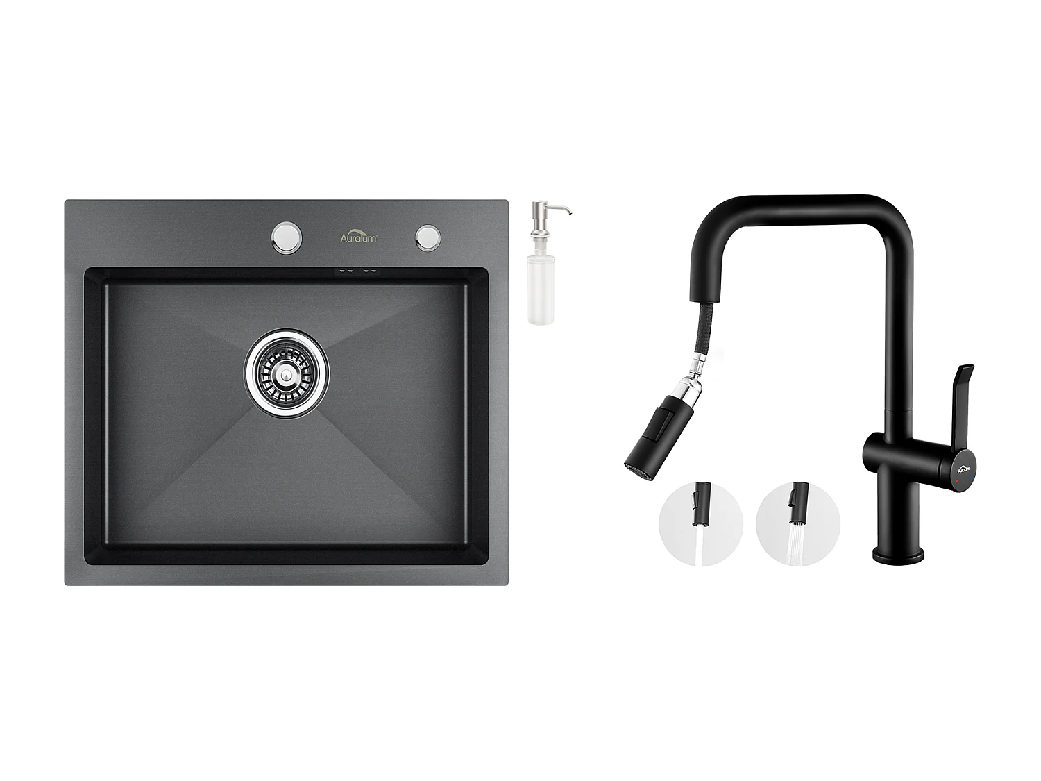 1 Becken Küchenspüle 55*45CM Schwarz + Küchenarmatur mit ausziehbarer Brause 360° drehbar 2 Funktionen, abnehmbarer Sprudel