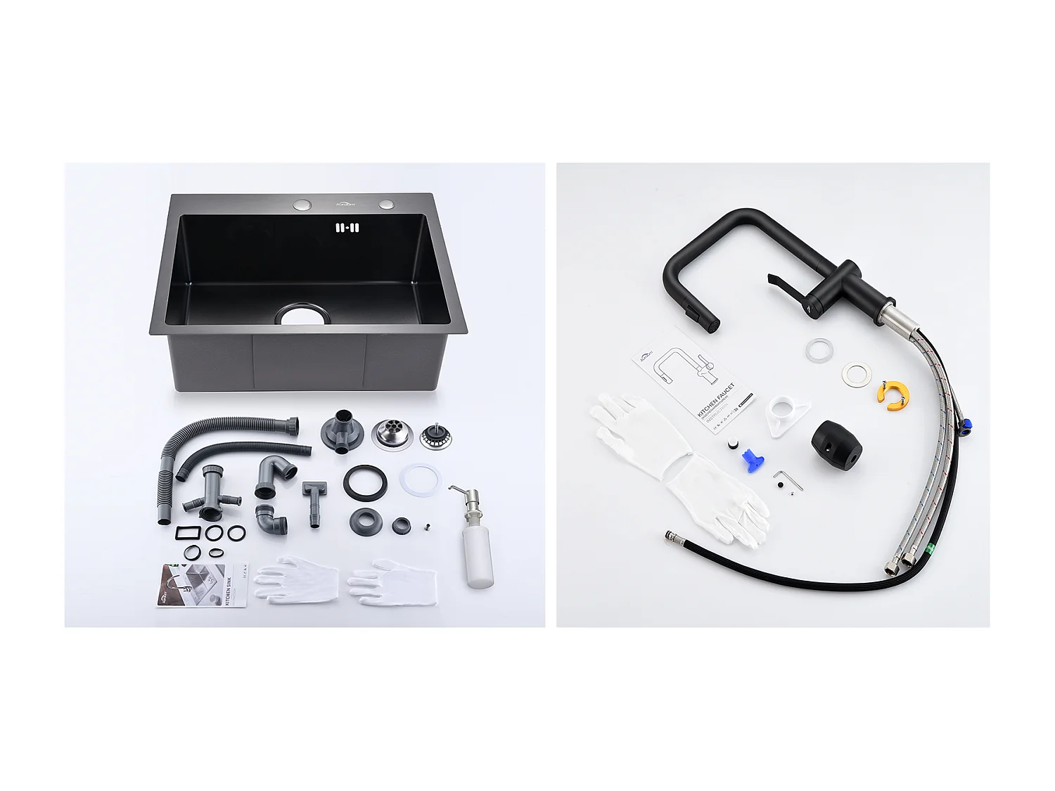 1 Becken Küchenspüle 55*45CM Schwarz + Küchenarmatur mit ausziehbarer Brause 360° drehbar 2 Funktionen, abnehmbarer Sprudel