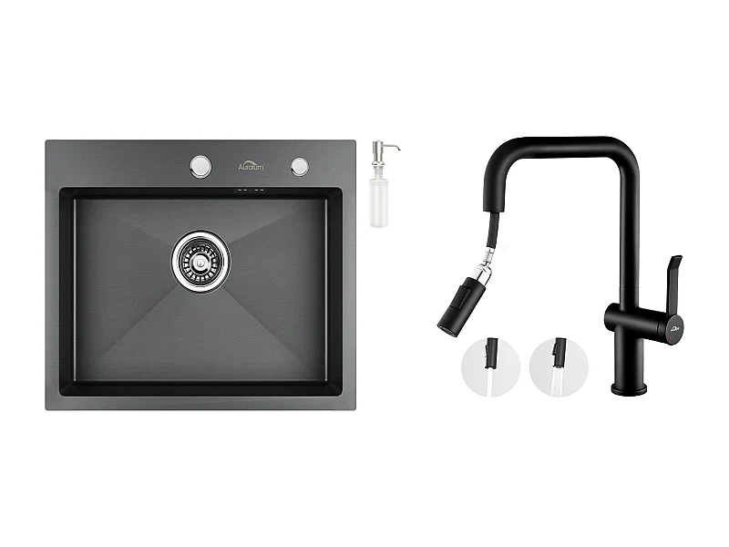   Évier Cuisine 1 Bac 55*45CM Noir +Robinet de Cuisine avec Douchette Extractible Rotatif 360 °2 Fonctions, Barboteur démontabl