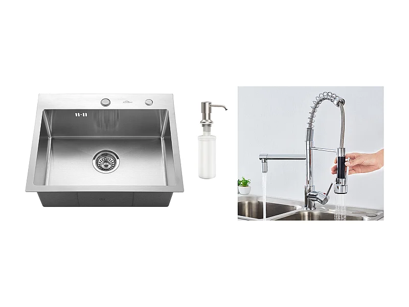 Fregadero Cocina 1 Bandeja 55*45CM Fregadero Empotrado y de Colocar con Dispensador de Jabón+Grifo Cocina Rotativo 360° Ducha Extraíble