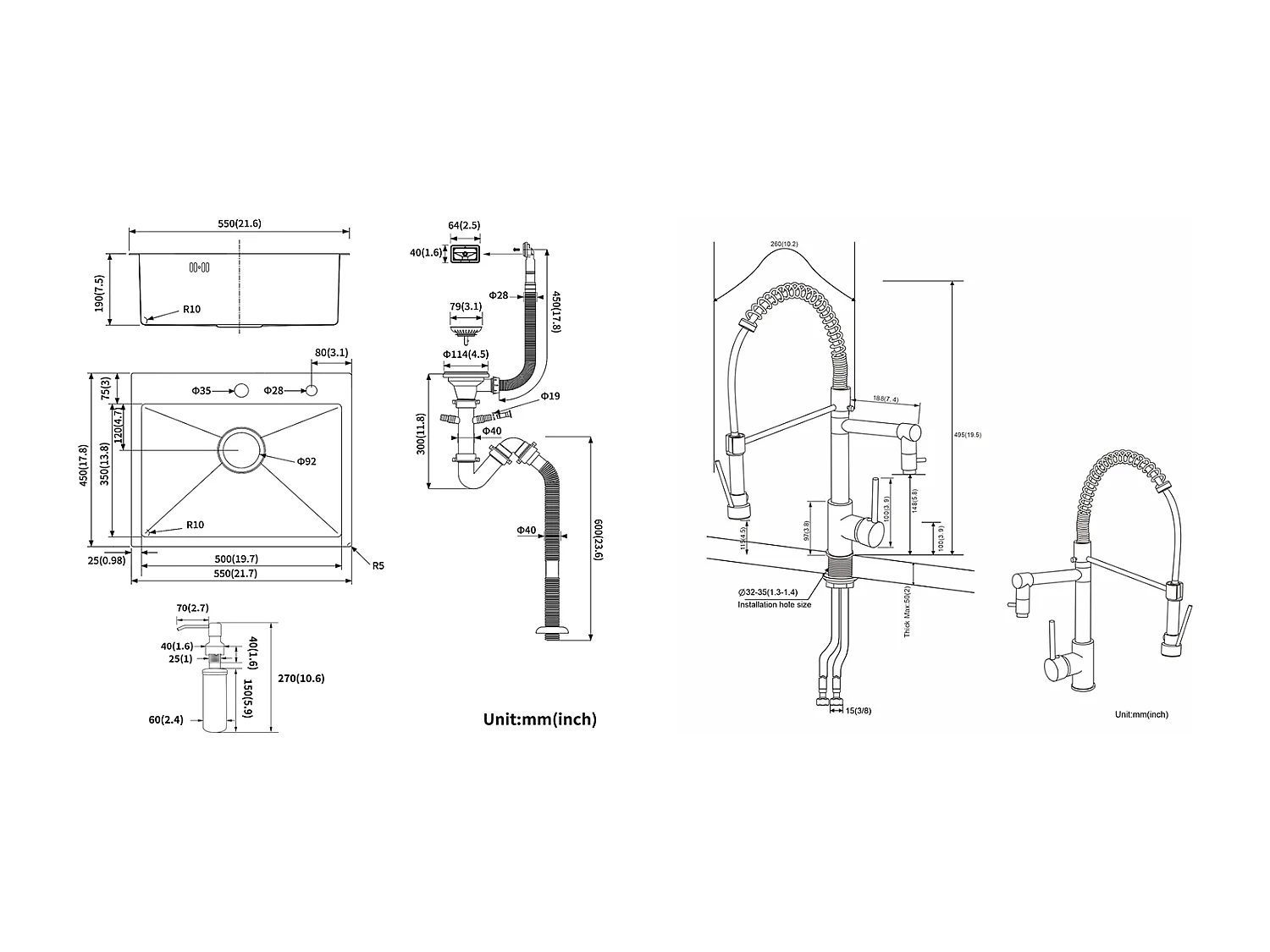Évier Cuisine 1 Bac 55*45CM Évier Encastré et à Poser avec Distributeur de Savon+Robinet Cuisine Rotatif 360° Douchette Extractible