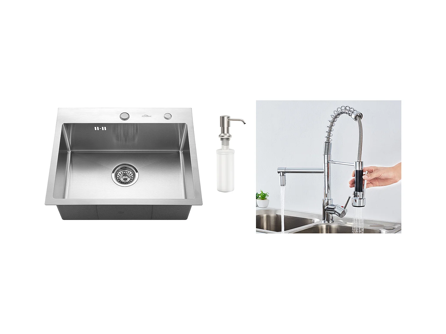 Lavello Cucina 1 Vassoio 55*45CM Lavello da incasso e da posare con distributore di sapone+rubinetto cucina rotante a 360° Doccia estraibile