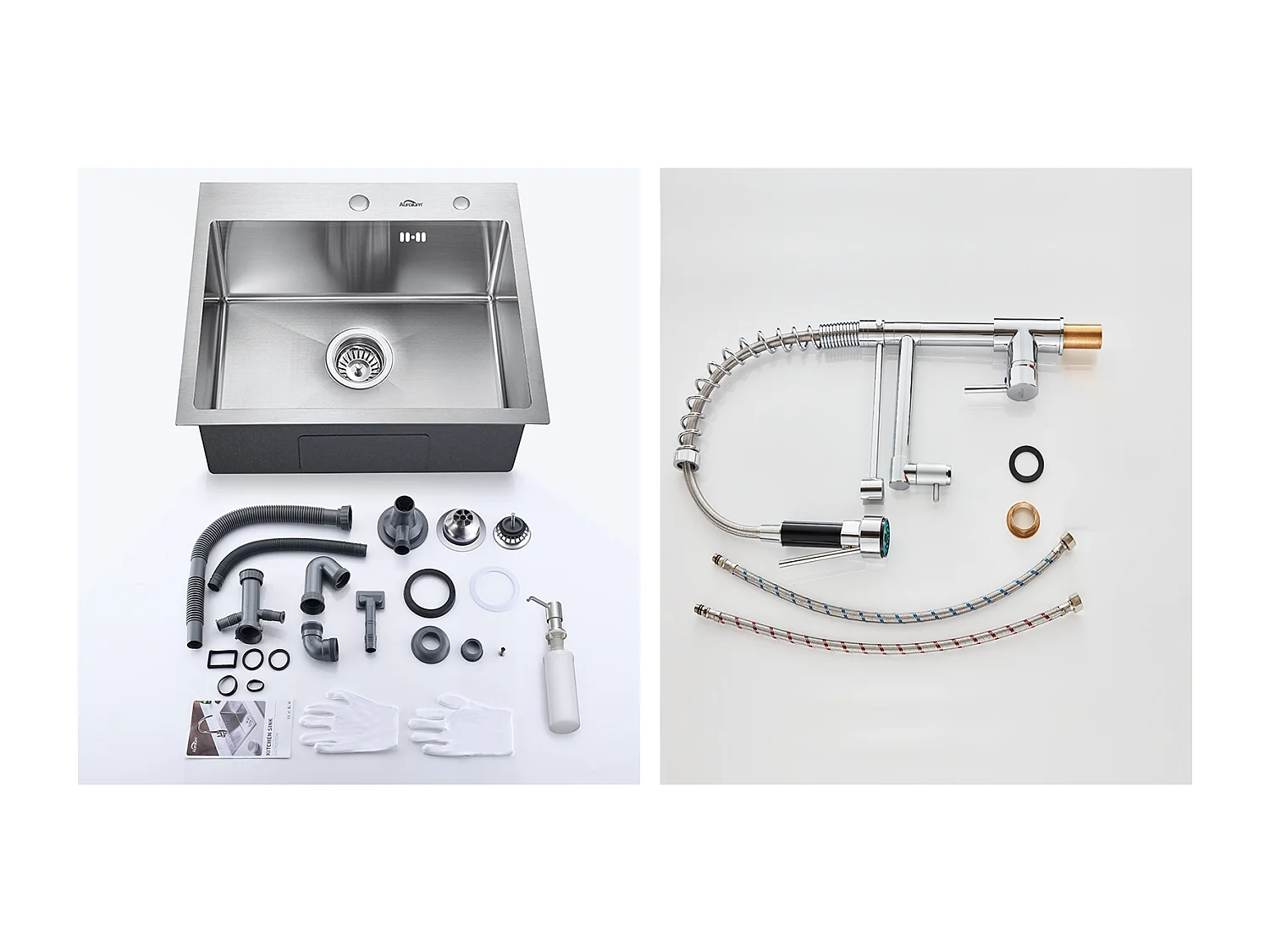 Évier Cuisine 1 Bac 55*45CM Évier Encastré et à Poser avec Distributeur de Savon+Robinet Cuisine Rotatif 360° Douchette Extractible