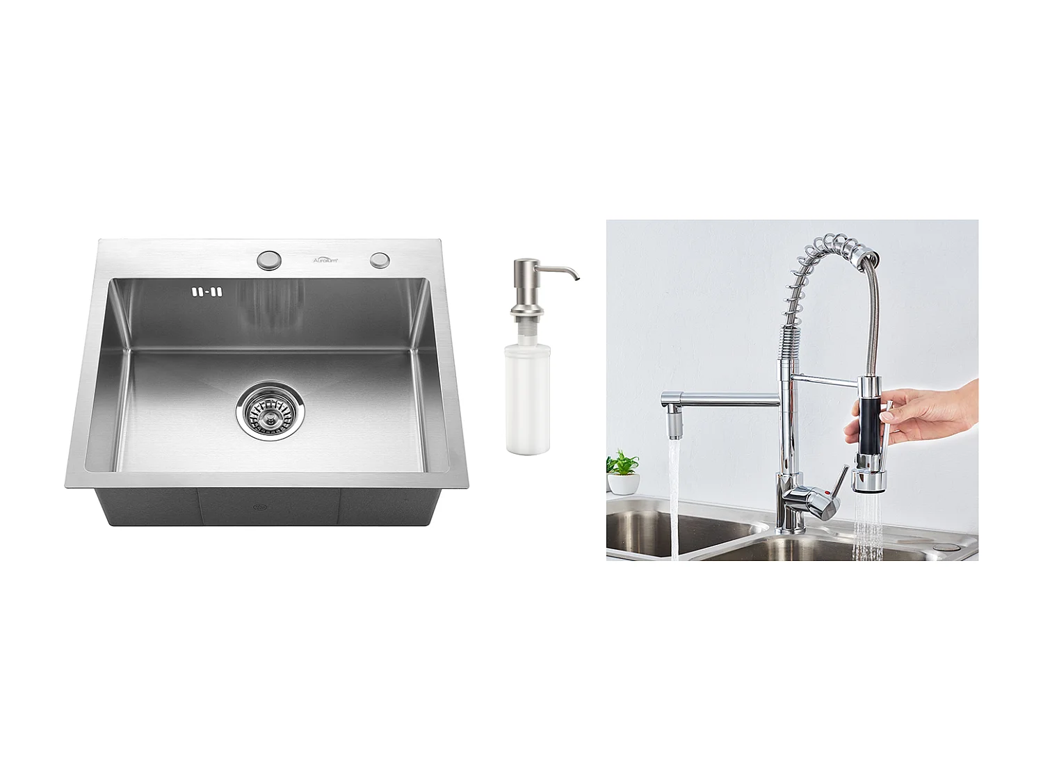 Aanrecht Keuken 1Bak 55*45CM Inbouw- en Opbouwspoelbak met Zeepdispenser+ 360° Draaibare Keukenkraan Uittrekbare Handdouche