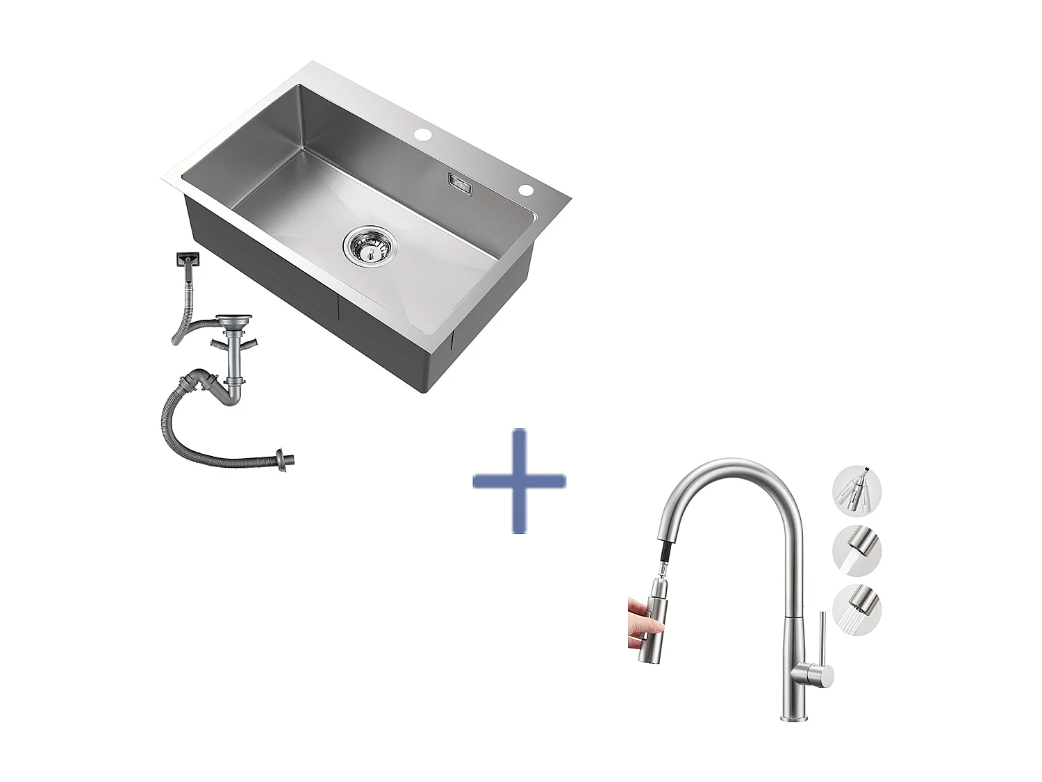 Évier Cuisine 1 Bac Acier Inoxydable Brossé 65x45CM,encastré/à Poser+Mitigeur Cuisine,Douchette Extractible,2 Modes,EauFroide/Chaude,Brossé