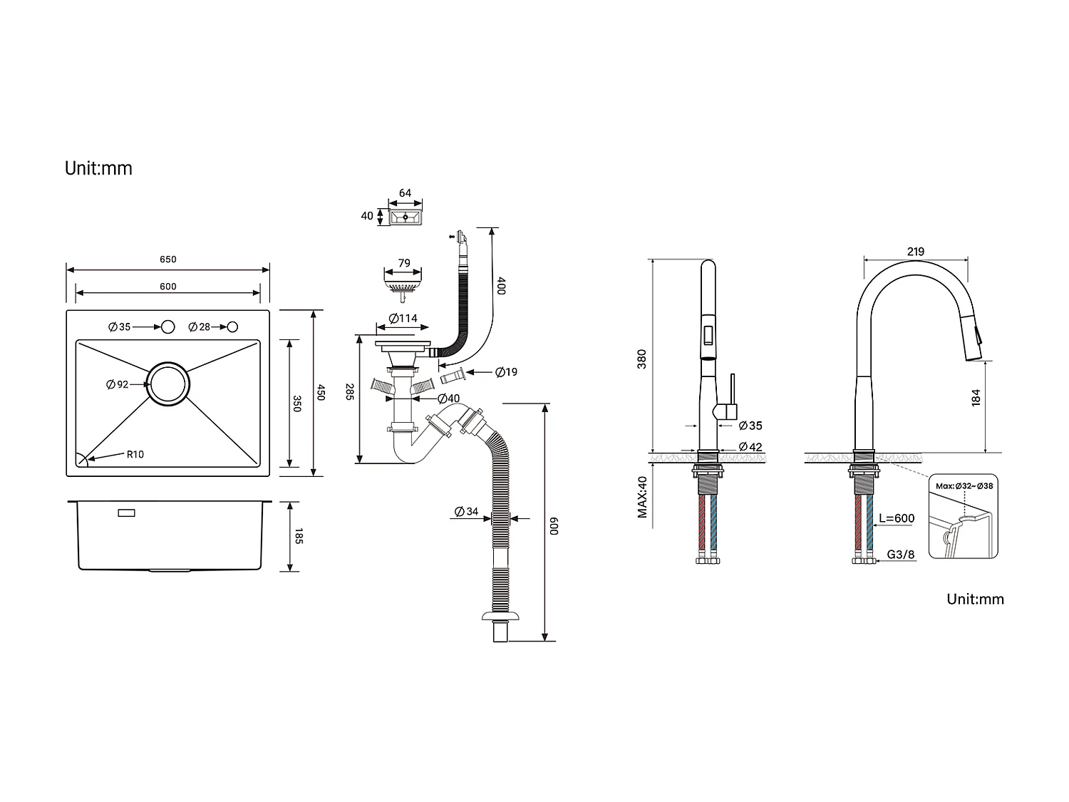 Évier Cuisine 1 Bac Acier Inoxydable Brossé 65x45CM,encastré/à Poser+Mitigeur Cuisine,Douchette Extractible,2 Modes,EauFroide/Chaude,Brossé
