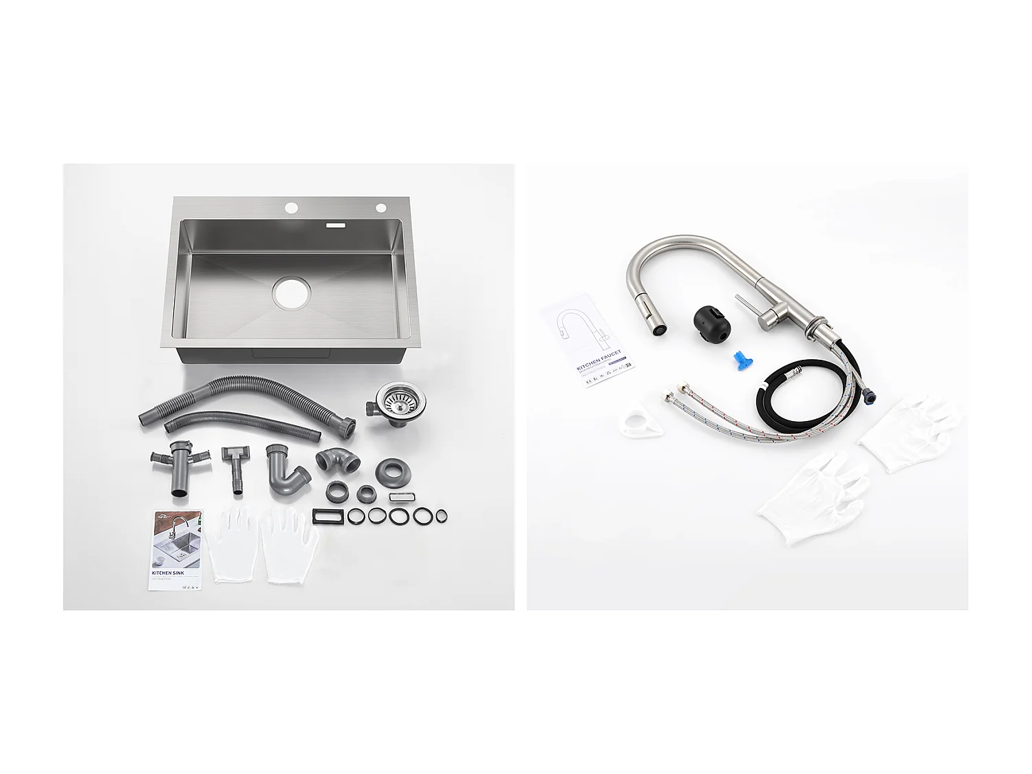 Évier Cuisine 1 Bac Acier Inoxydable Brossé 65x45CM,encastré/à Poser+Mitigeur Cuisine,Douchette Extractible,2 Modes,EauFroide/Chaude,Brossé