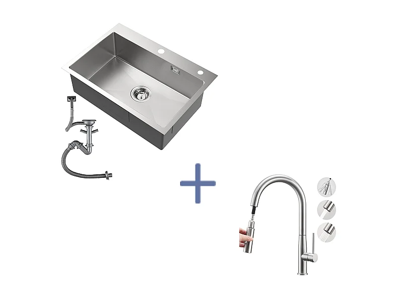 Lavello Cucina 1 Vaschetta Acciaio Inossidabile Spazzolato 65x45CM, Incasso/da Posa+MiscelatoreCucina,Doccia estraibile,2 modalità,Spazzolato