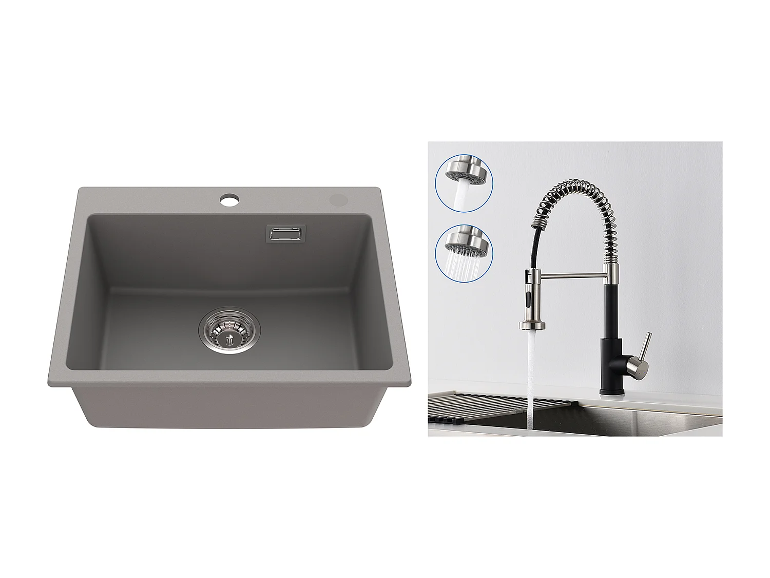 1 Bac Évier Cuisine en Granit,55*45*20cm,Kit de Vidage,Gris+Robinet Cuisine Ressort avec Douchette Extensible,2 Modes,Noir