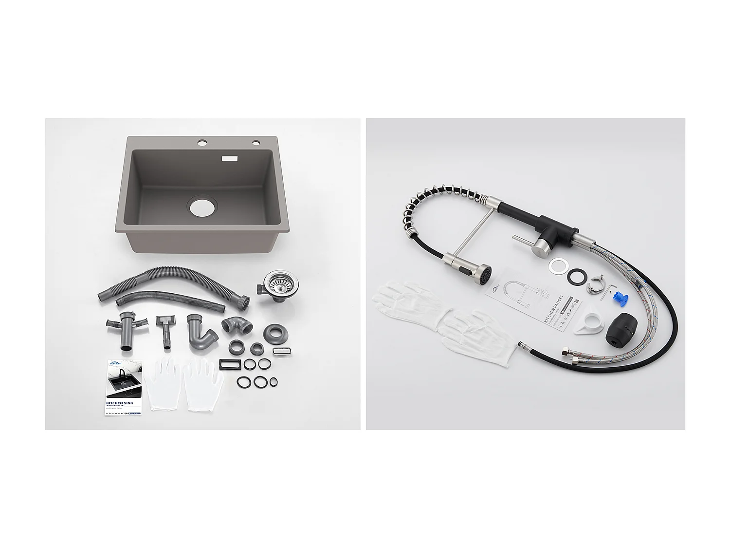 1 Bac Évier Cuisine en Granit,55*45*20cm,Kit de Vidage,Gris+Robinet Cuisine Ressort avec Douchette Extensible,2 Modes,Noir