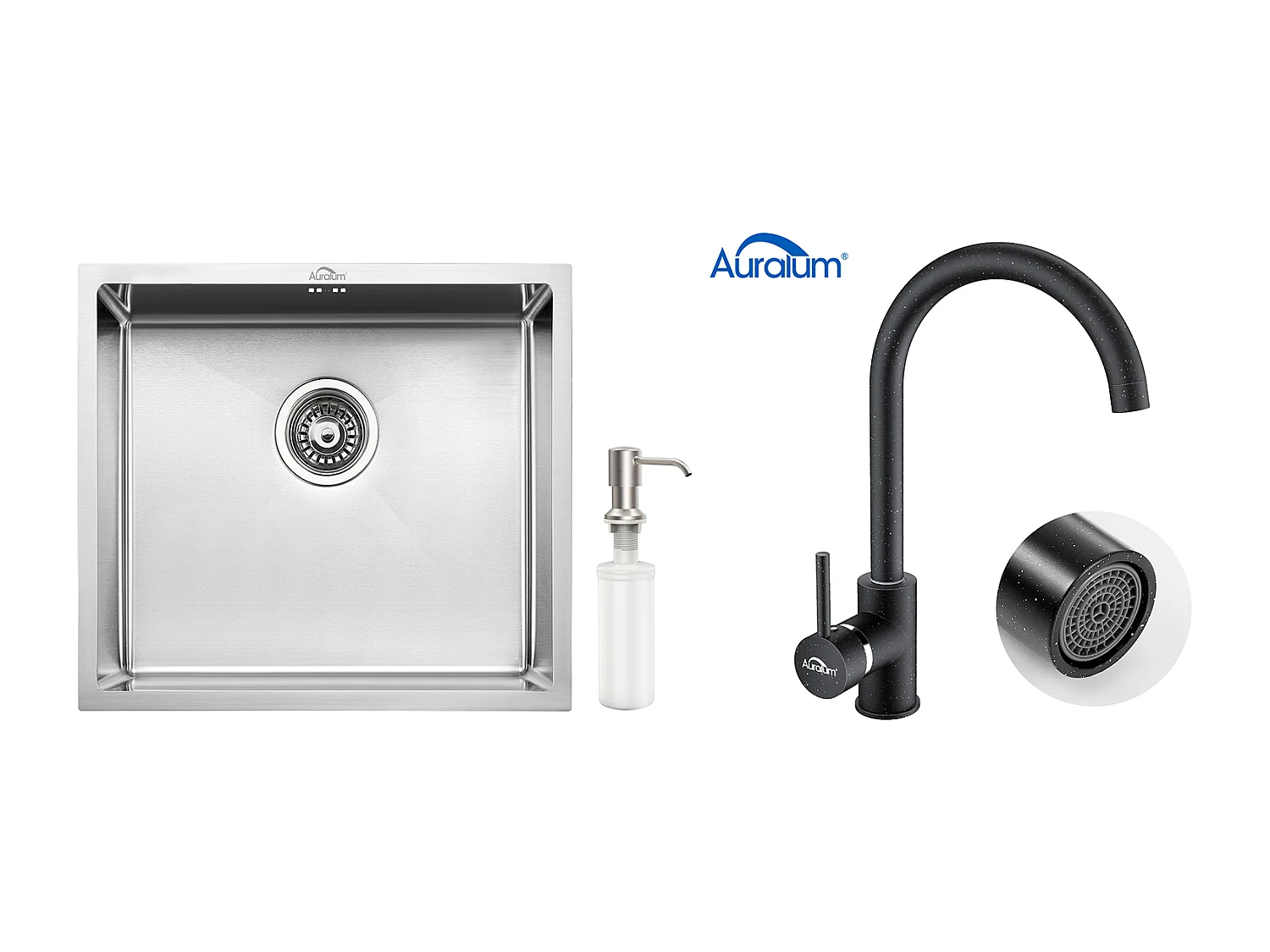 Évier de Cuisine Inox 1 Bac 50*43*18CM avec Distributeur de Savon+Robinet Cuisine Rotatif 360°Eau Froide Chaude Blanc avec points blancs