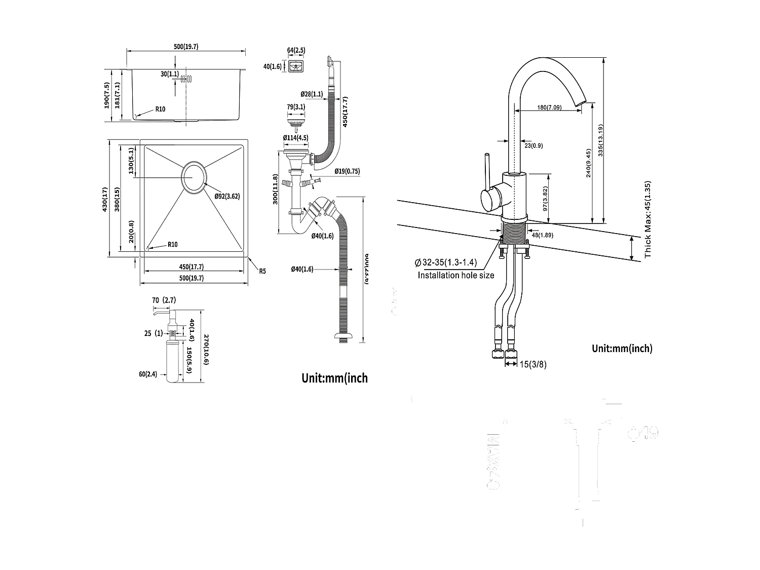 Évier de Cuisine Inox 1 Bac 50*43*18CM avec Distributeur de Savon+Robinet Cuisine Rotatif 360°Eau Froide Chaude Blanc avec points blancs