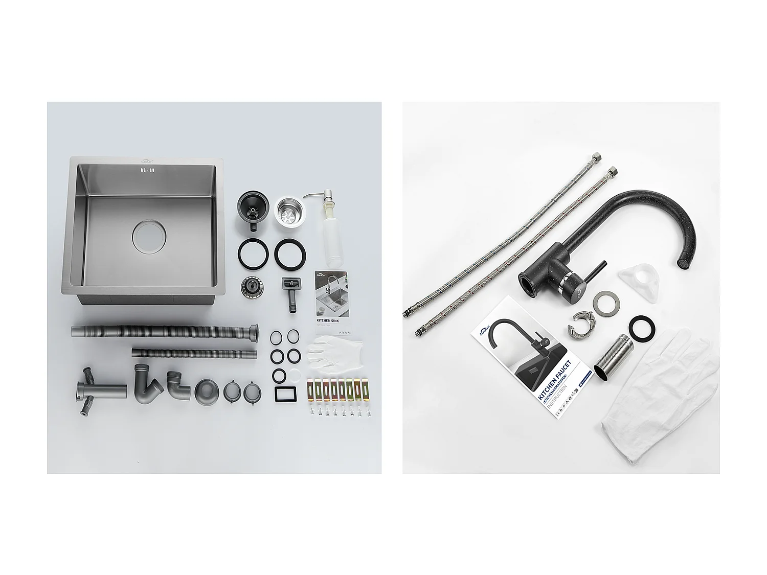 Évier de Cuisine Inox 1 Bac 50*43*18CM avec Distributeur de Savon+Robinet Cuisine Rotatif 360°Eau Froide Chaude Blanc avec points blancs