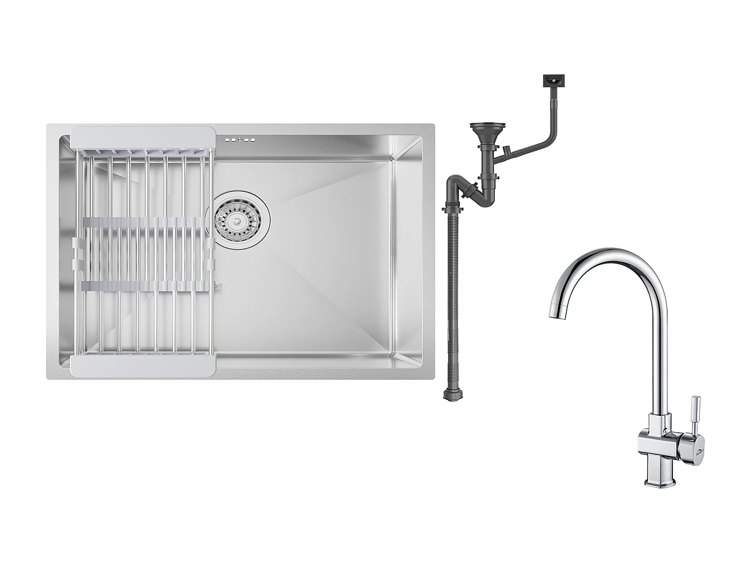 Auralum max Évier Cuisine 1 Bac 60*44*20CM,inox,sous-plan ,avec Panier Drainage,Nano Silver+Robinet Cuisine Chromé Pivotant 360° Eau Froide/Chaude