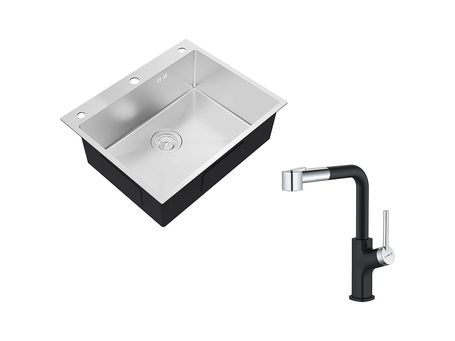 Auralum max Évier de Cuisine à Encastrer,1 Bac,60*49*20CM,Évier 1 Cuve en inox 304,Silver+Robinet Cuisine Noir avec Douchette Extractible,2 Jets