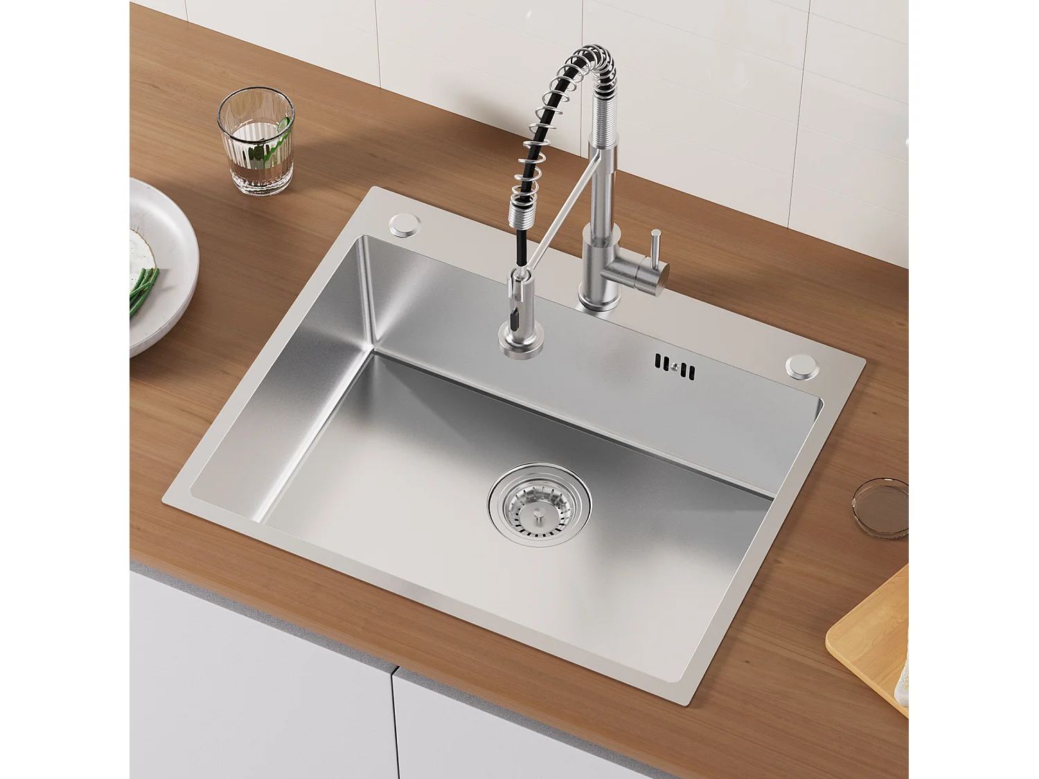 Auralum max Inbouw spoelbak,1Bak,60*49*20CM,Spoelbak 1 Kom in 304 roestvrij staal,Zilver+Zwart Keukenkraan met Uittrekbare Handdouche,2 Jets