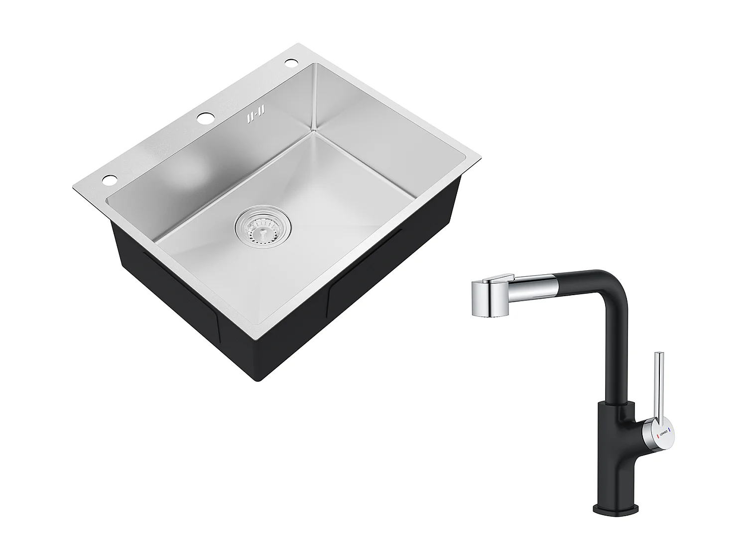 Auralum max Évier de Cuisine à Encastrer,1 Bac,60*49*20CM,Évier 1 Cuve en inox 304,Silver+Robinet Cuisine Noir avec Douchette Extractible,2 Jets