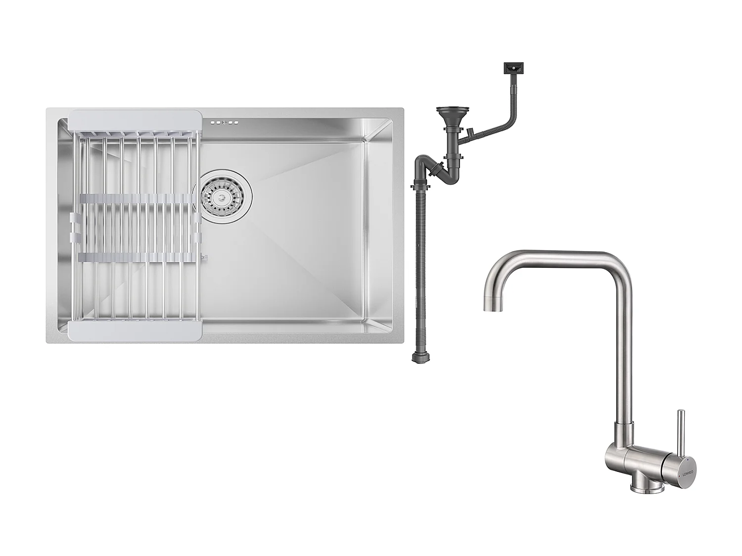 Auralum max Fregadero Cocina 1 Bandeja 60*44*20CM,inoxidable, empotrado/subplano con Cesta drenaje,Nano Silver+Mezclador Cocina Plegable Girante 360°