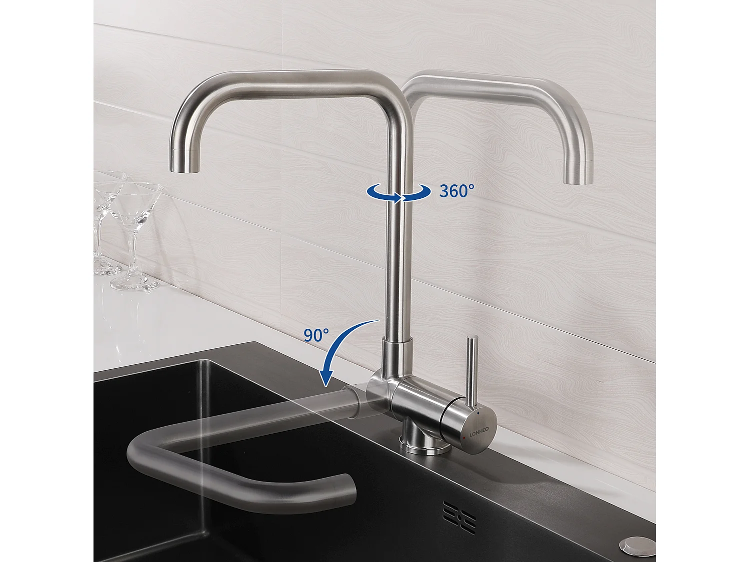 Auralum max Fregadero Cocina 1 Bandeja 60*44*20CM,inoxidable, empotrado/subplano con Cesta drenaje,Nano Silver+Mezclador Cocina Plegable Girante 360°