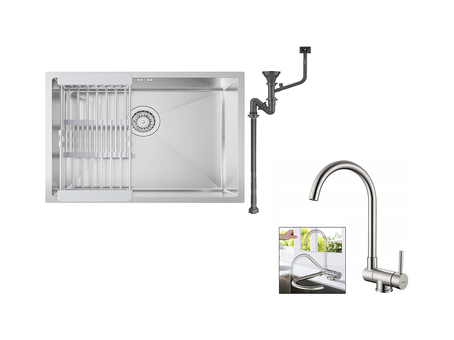 Auralum max Évier Cuisine 1 Bac 60*44*20CM,inox 304,à Encastrer/sous-plan avec Panier Drainage,Nano Silver+Mitigeur Cuisine Rabattable Pivotant 360°