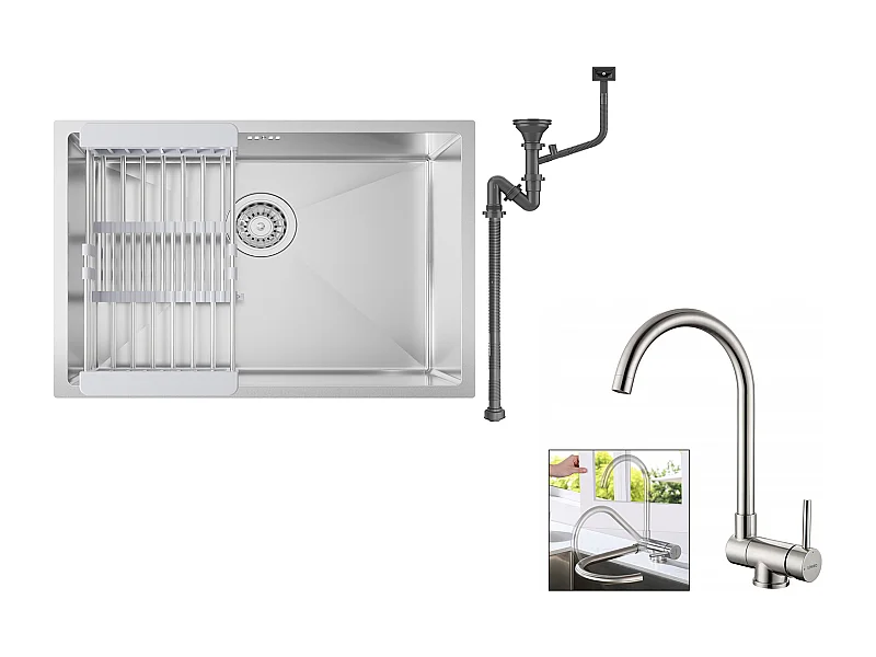 Auralum max Évier Cuisine 1 Bac 60*44*20CM,inox 304,à Encastrer/sous-plan avec Panier Drainage,Nano Silver+Mitigeur Cuisine Rabattable Pivotant 360°