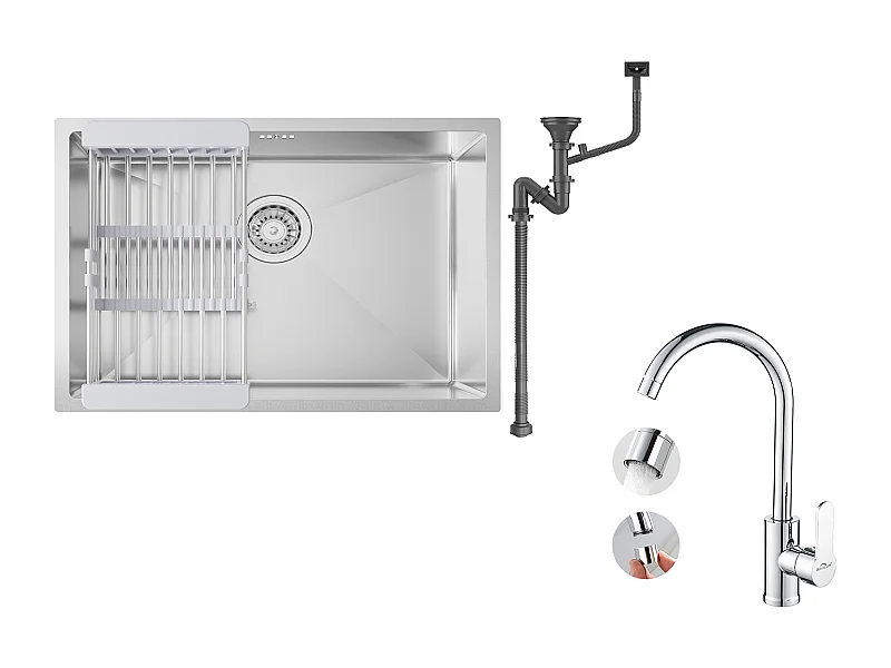 Fregadero Cocina 1 Bandeja 60*44*20CM,inoxidable 304, para empotrar/sub-plan con Drenaje Cesta,Nano Silver + Mezclador Cocina Cromado,Pivotante 360°