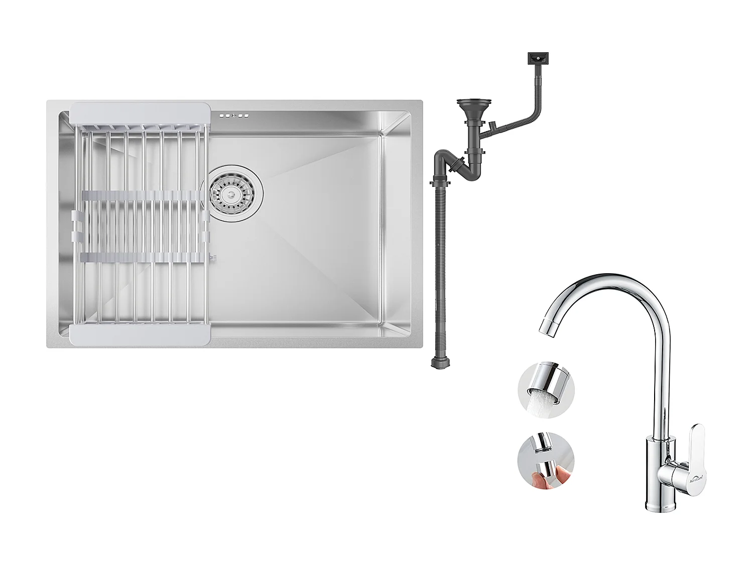 Auralum max Évier Cuisine 1 Bac 60*44*20CM,en inox 304,à Encastrer/sous-plan avec Panier Drainage,Nano Silver+Mitigeur Cuisine Chromé,Pivotant 360°