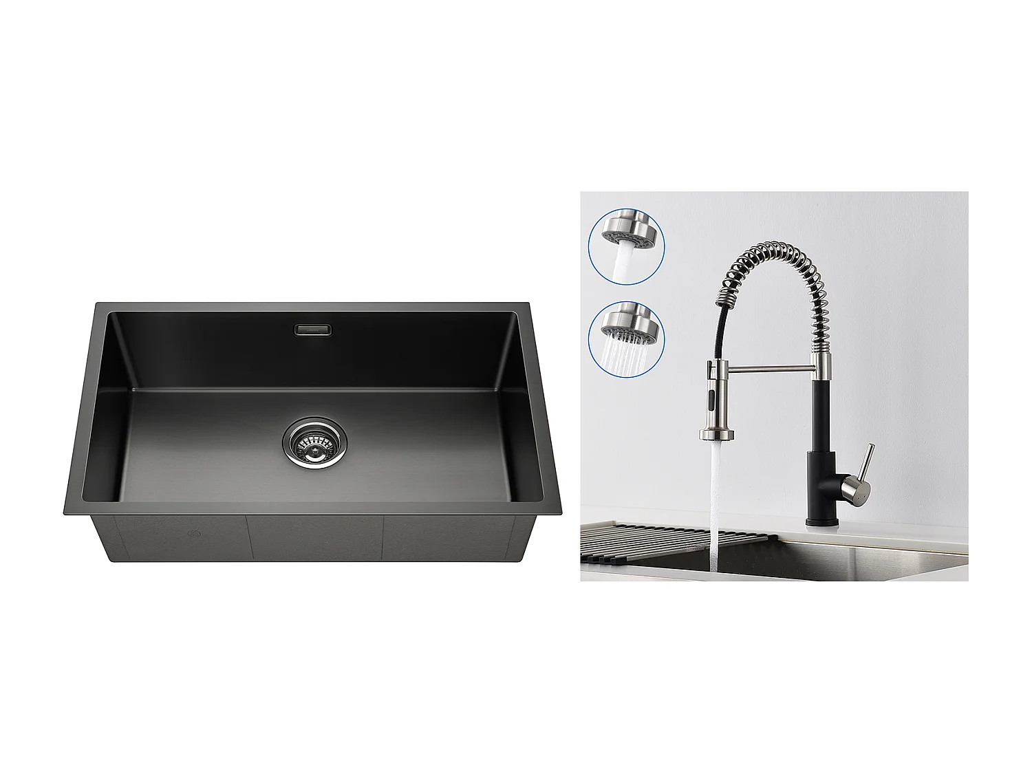 Évier Cuisine 1 Bac 74*44*20CM,Brossé avec Siphon et Trop-Plein+Robinet Cuisine àRessort avec Douchette Extensible,2 Modes,Pivotant 360°,Noir