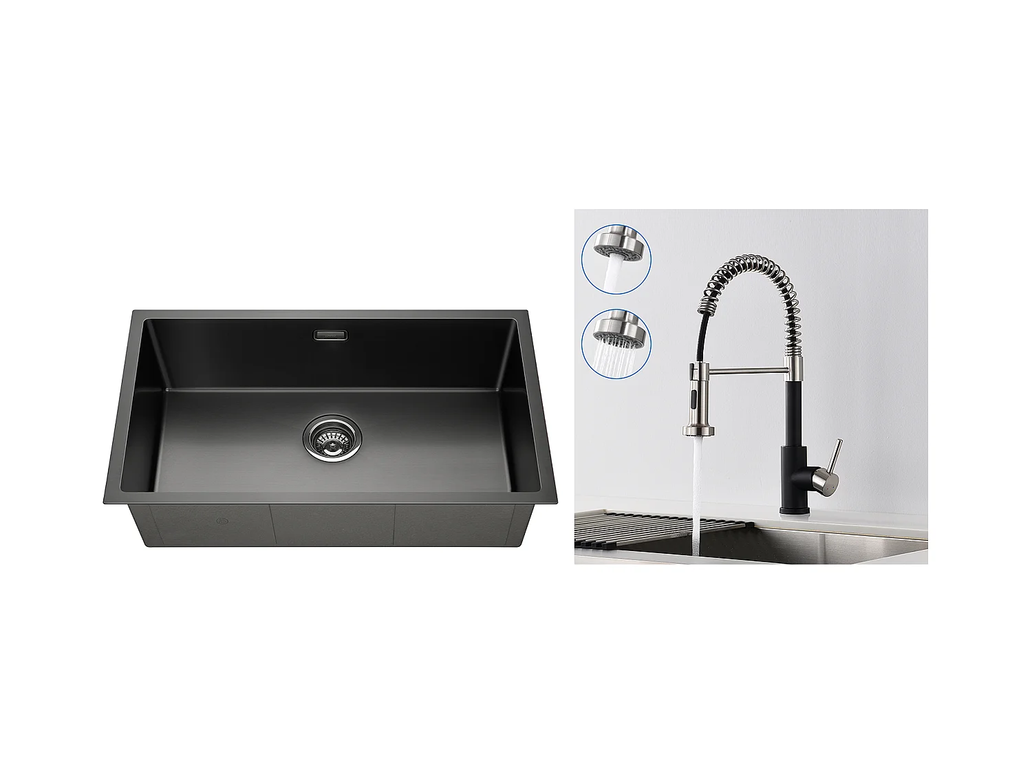 Évier Cuisine 1 Bac 74*44*20CM,Brossé avec Siphon et Trop-Plein+Robinet Cuisine àRessort avec Douchette Extensible,2 Modes,Pivotant 360°,Noir