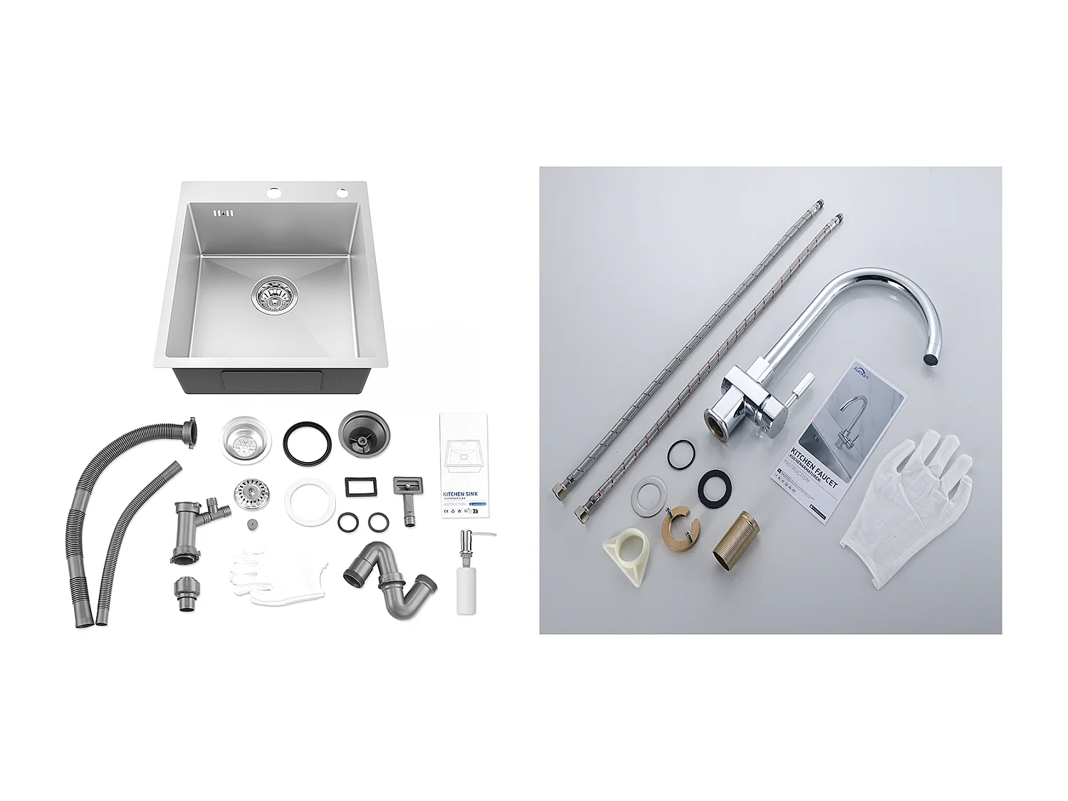 1-Behälter-Küchenspüle, silber, 44 x 49 x 20 cm, mit Seifenspender, Edelstahl + 360° schwenkbarer Chrom-Küchenhahn, Kalt-/Warmwasser