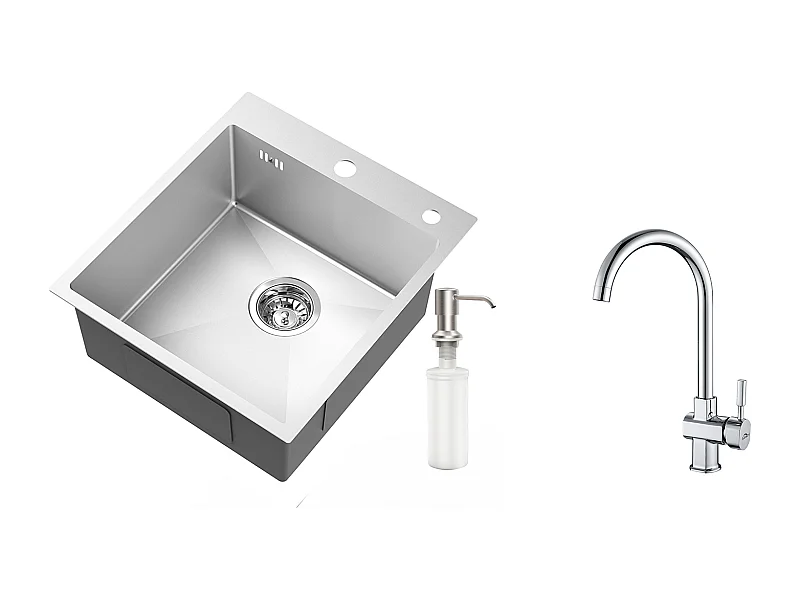 Évier Cuisine 1Bac Argent,44*49*20 CM,avec Distributeur Savon,Inox+Robinet de Cuisine Chromé Pivotant à 360° Eau Froide /Chaude