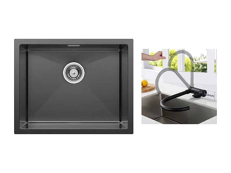 2 en1 Évier de Cuisine 1Bac 55*44*19CM, à Encastrer/Fleur/ Sous-Plan, Noir +Mitigeur Cuisine en Acier Inox 304 Rabattable Pivotant à 360°,Noir