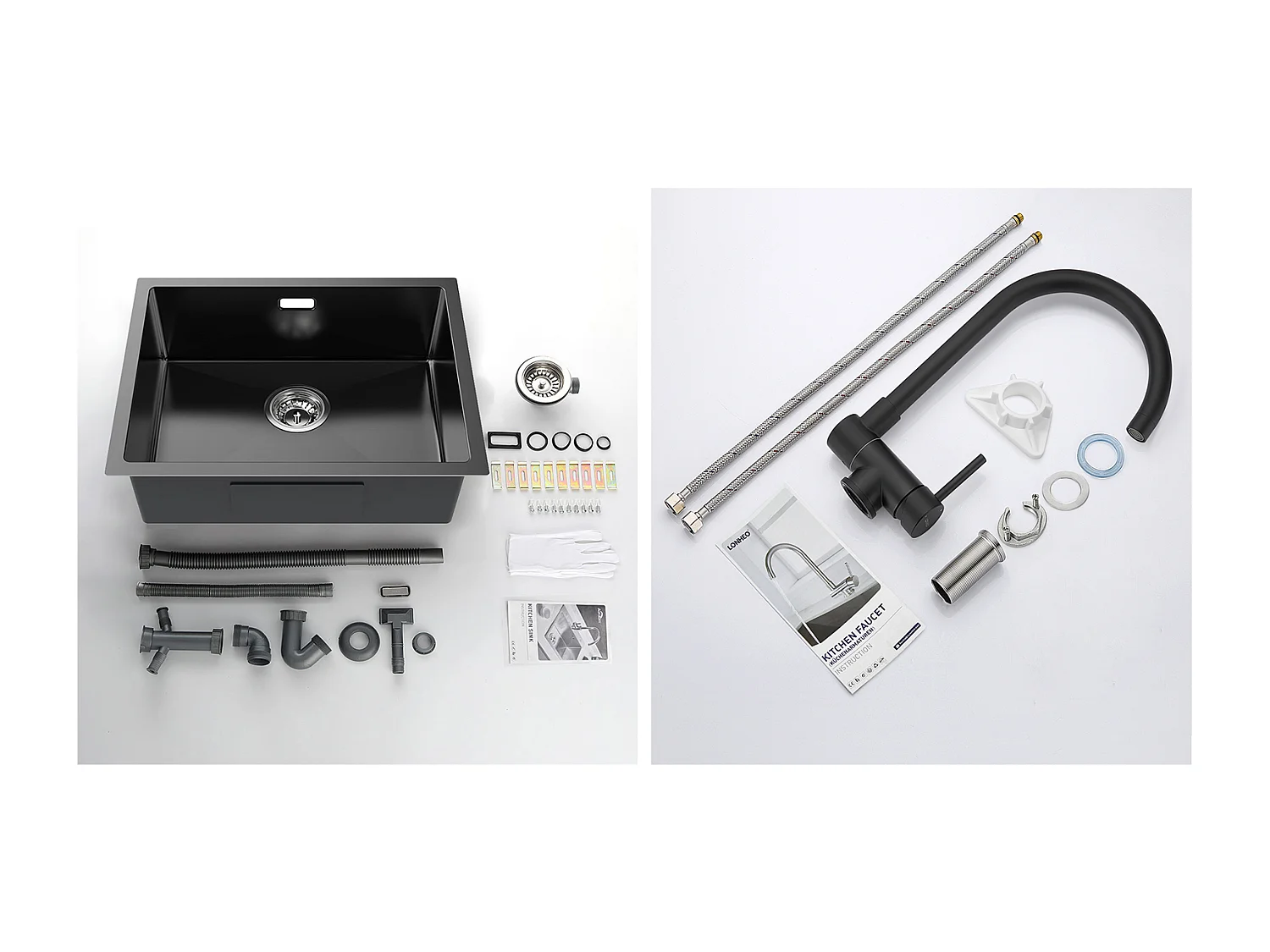 2 en1 Évier de Cuisine 1Bac 55*44*19CM, à Encastrer/Fleur/ Sous-Plan, Noir +Mitigeur Cuisine en Acier Inox 304 Rabattable Pivotant à 360°,Noir