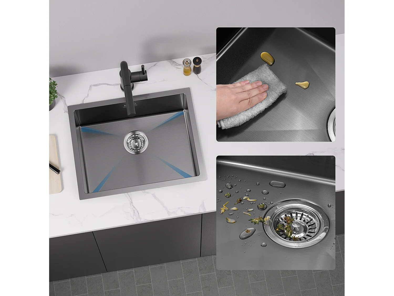 2 in1 Aanrecht 1Bak 55*44*19CM, Inbouw/Bloom/Ondergrond, Zwart + RVS 304 Inklapbare Keukenmengkraan 360° Draaibaar, Zwart